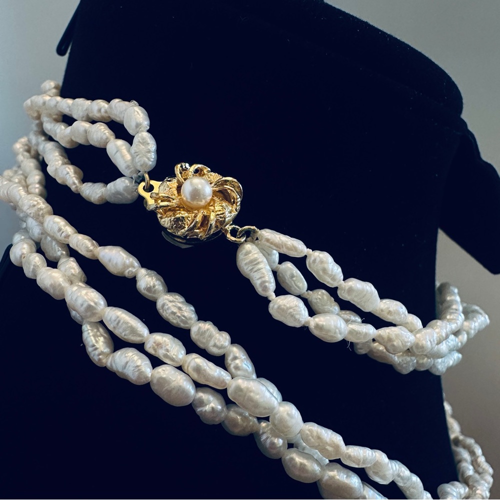Handmade 3-Strand Rice Baroque Pearl Necklace/Bracelet Multi-Style 2 Gold Clasps